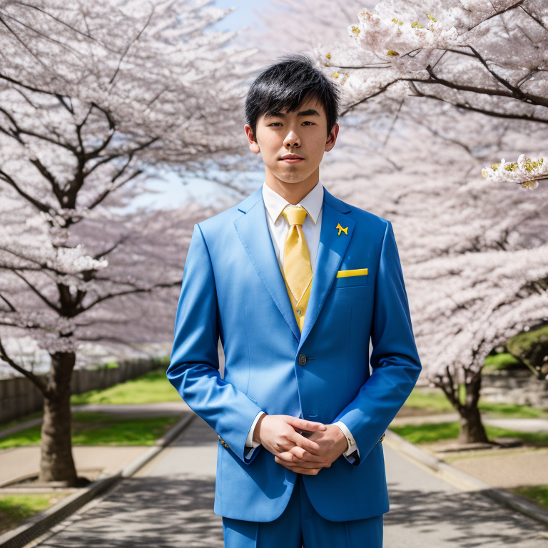 Japanese Man Blue Yellow Suit Sakura Trees