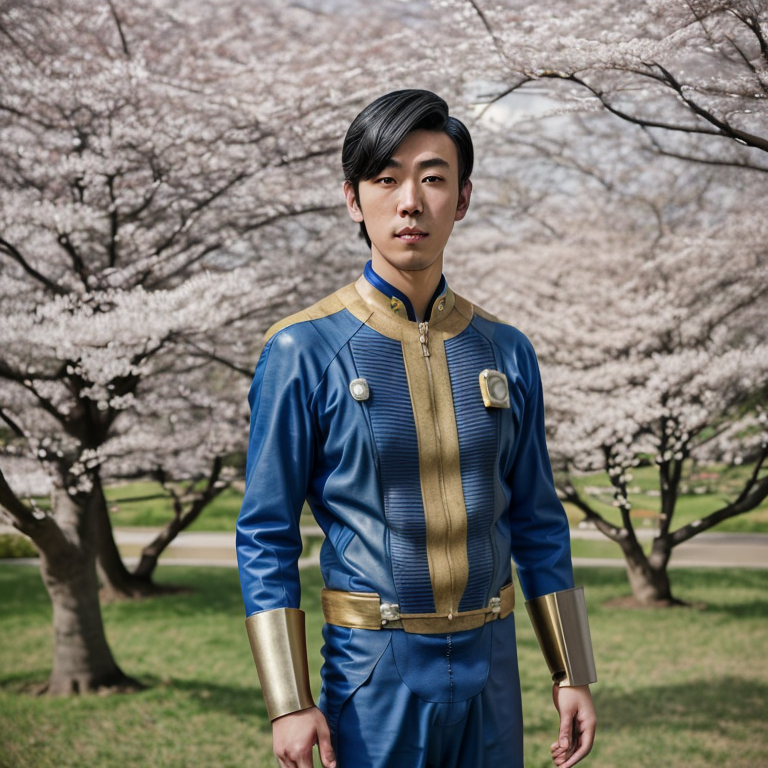 Japanese Man Blue Yellow Suit Sakura Trees